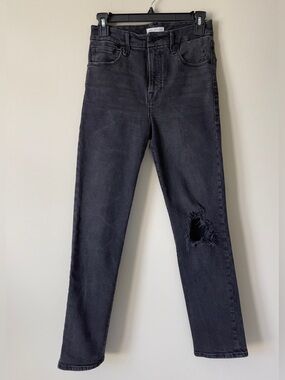 Good American Women’s Hi Rise Black Distressed Straight Leg Cotton Jeans Size 2